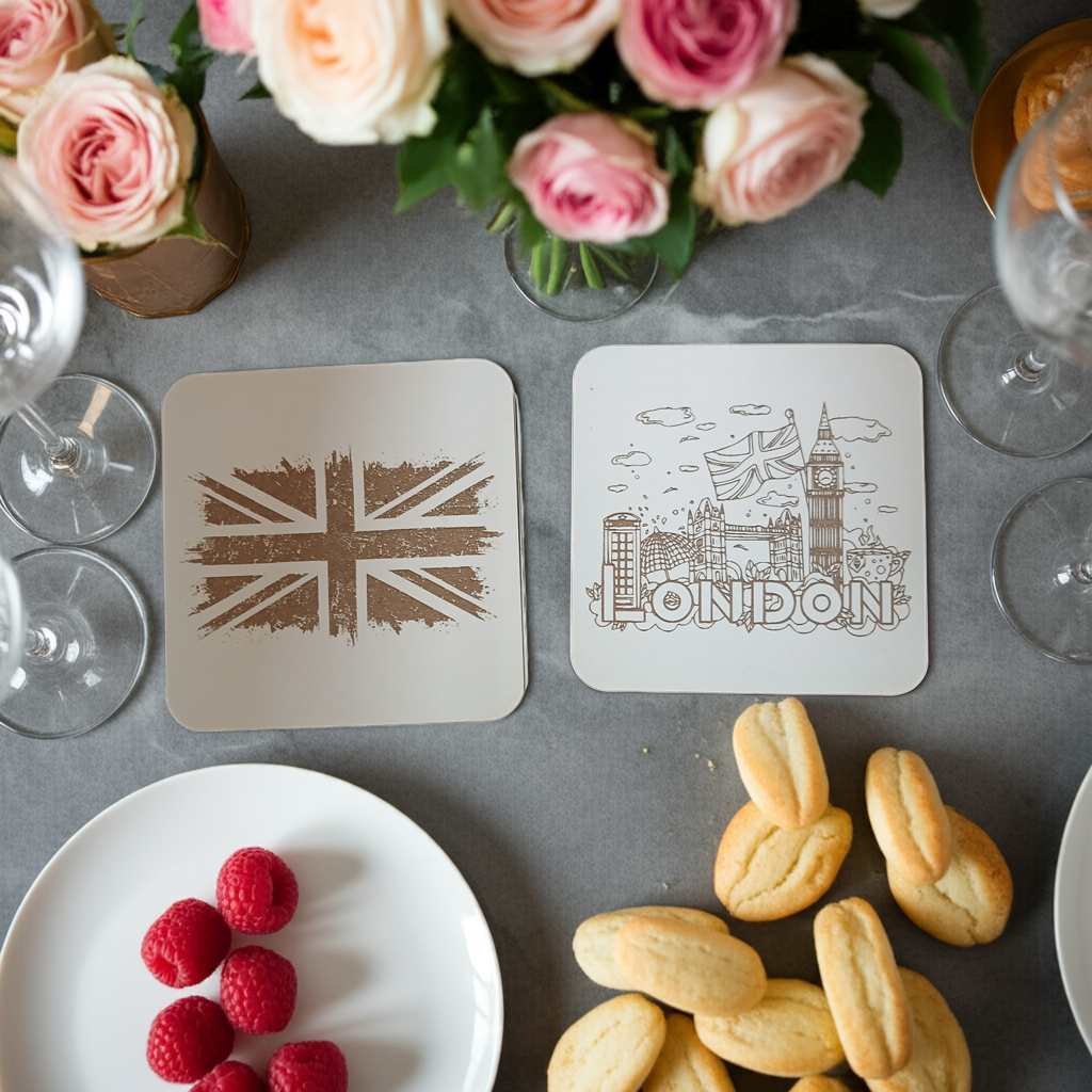 Set of 6 White Wood, Great Britain Theme Collection, Drink Coasters with Bumper Feet. 9.5CM X 9.5CM.