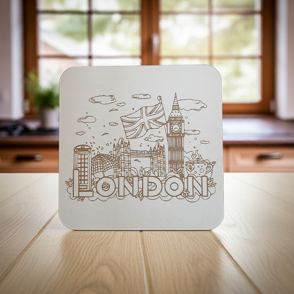 Set of 6 White Wood, Great Britain Theme Collection, Drink Coasters with Bumper Feet. 9.5CM X 9.5CM.