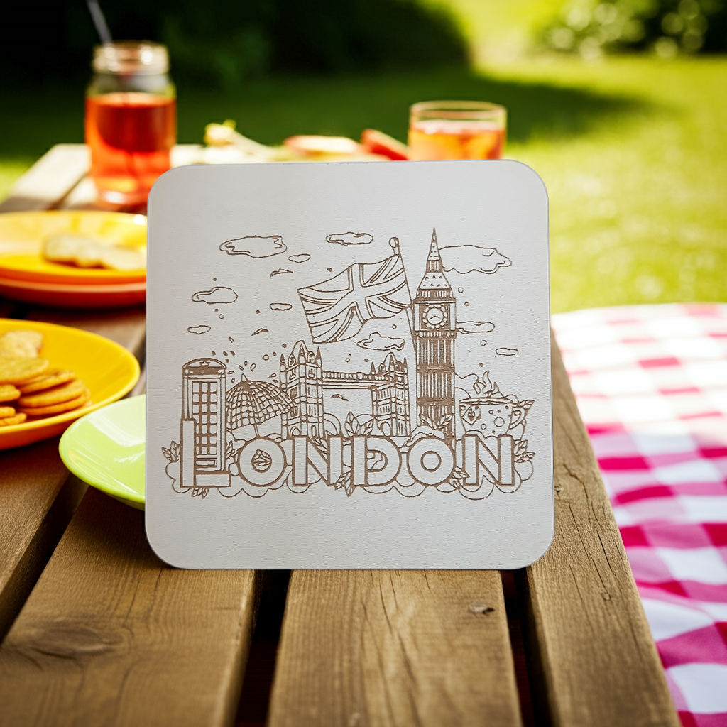 Set of 6 White Wood, Great Britain Theme Collection, Drink Coasters with Bumper Feet. 9.5CM X 9.5CM.