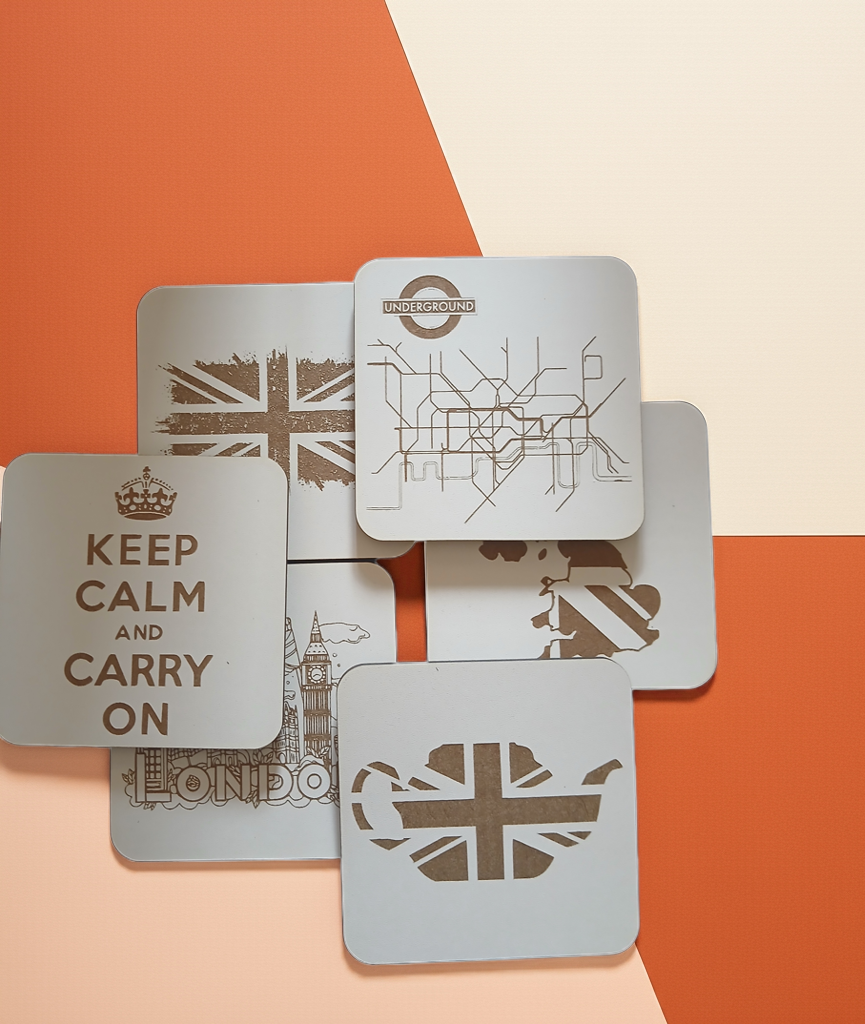 Set of 6 White Wood, Great Britain Theme Collection, Drink Coasters with Bumper Feet. 9.5CM X 9.5CM.
