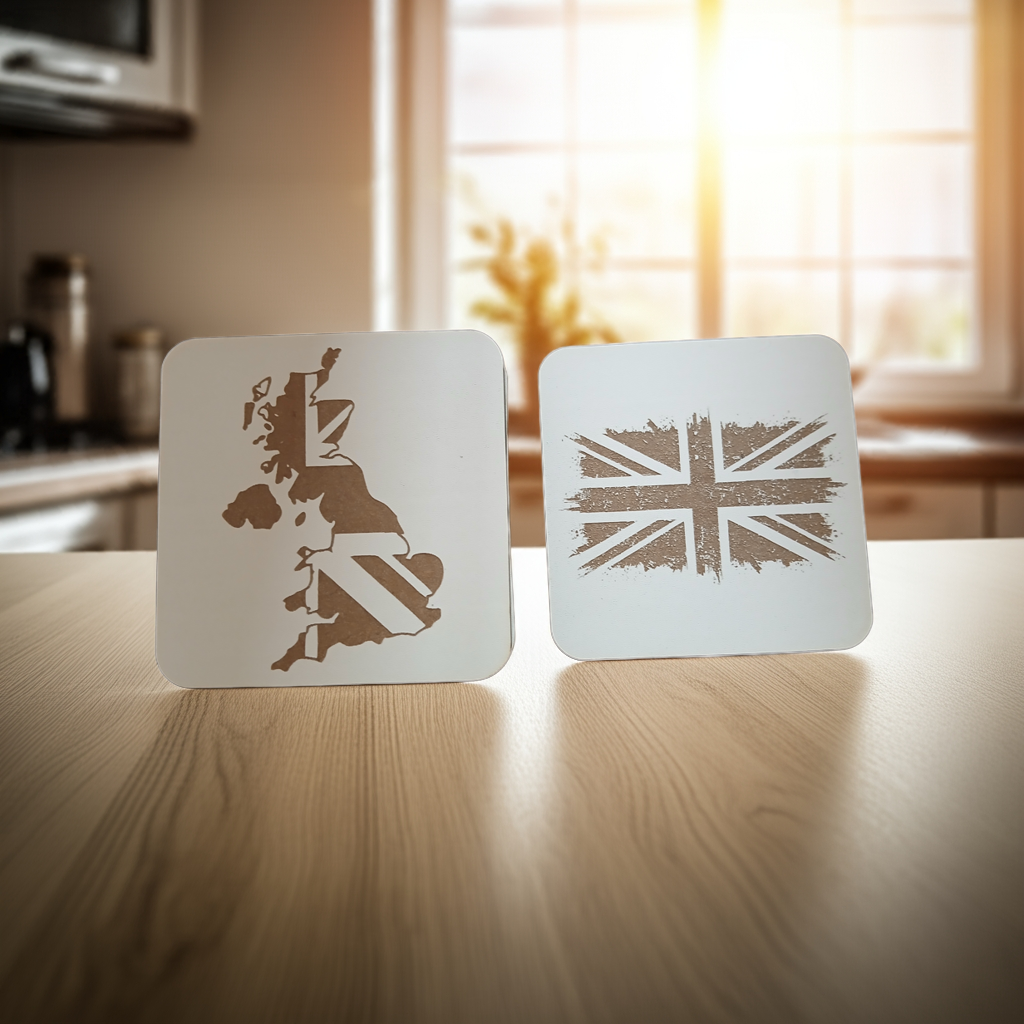Set of 6 White Wood, Great Britain Theme Collection, Drink Coasters with Bumper Feet. 9.5CM X 9.5CM.