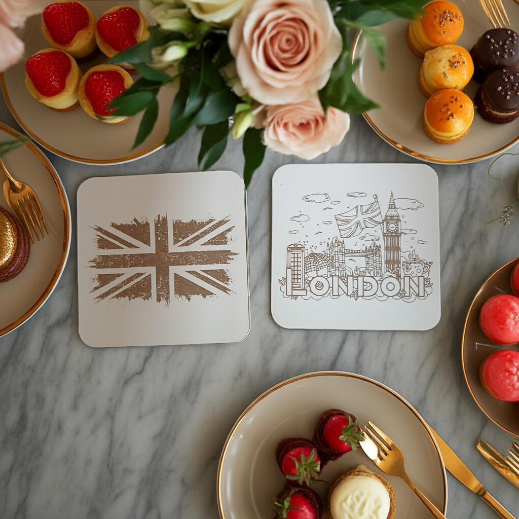 Set of 6 White Wood, Great Britain Theme Collection, Drink Coasters with Bumper Feet. 9.5CM X 9.5CM.