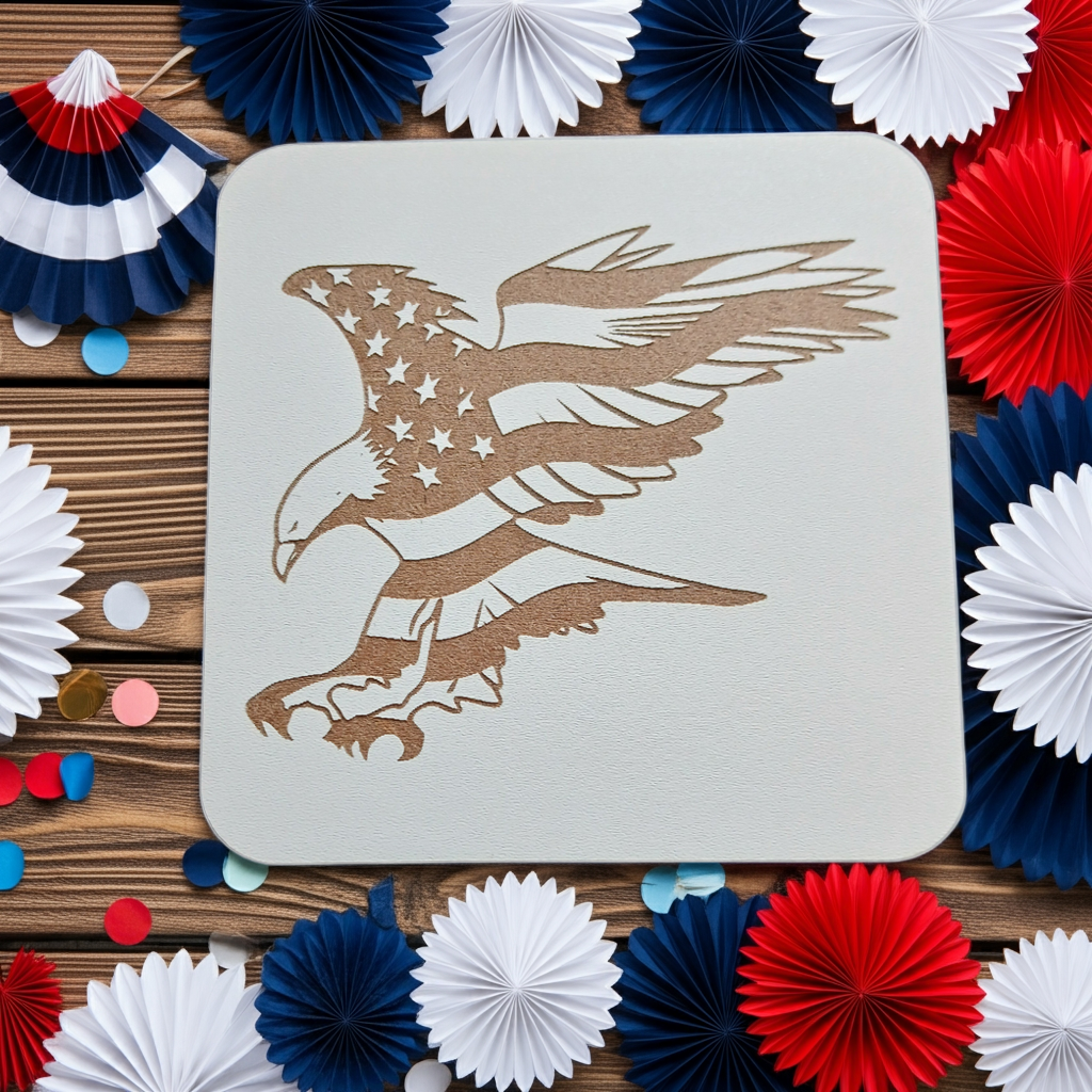 Set of 6 White, Topped Wood Drink coasters, Americana Theme Collection, with Anti-Skid Feet, 9.5cm x 9.5cm, Rounded Corners.