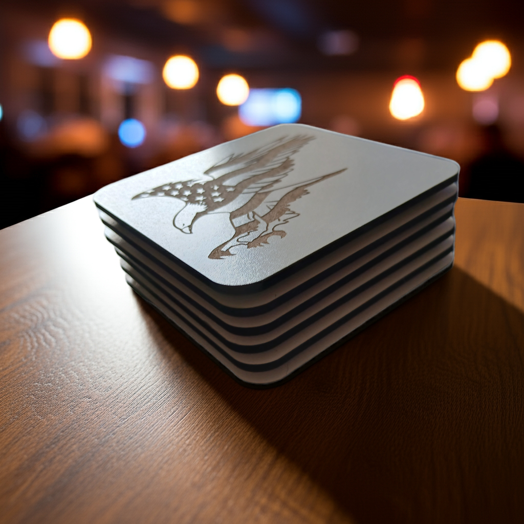 Set of 6 White, Topped Wood Drink coasters, Americana Theme Collection, with Anti-Skid Feet, 9.5cm x 9.5cm, Rounded Corners.