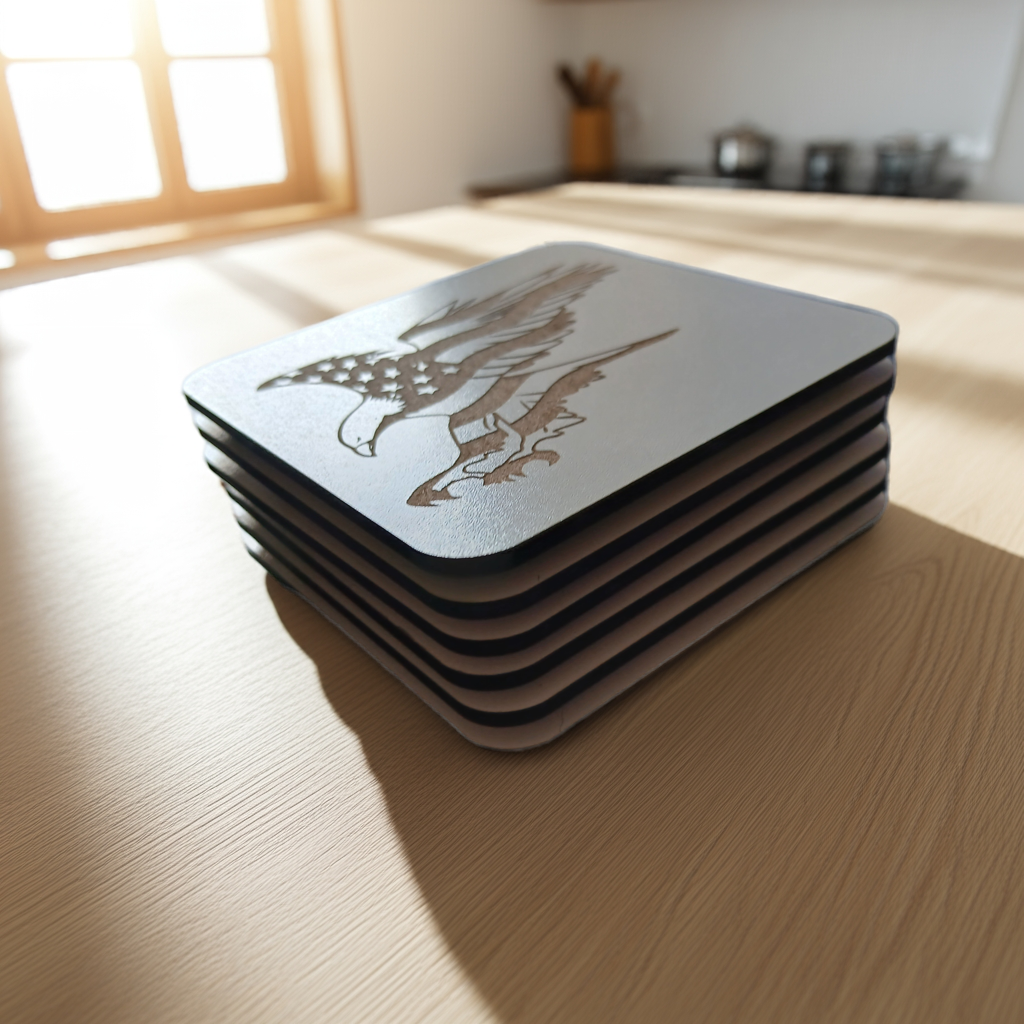 Set of 6 White, Topped Wood Drink coasters, Americana Theme Collection, with Anti-Skid Feet, 9.5cm x 9.5cm, Rounded Corners.