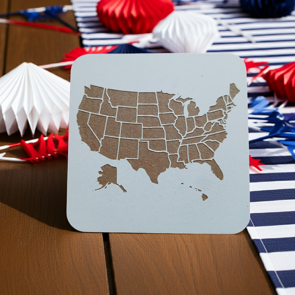 Set of 6 White, Topped Wood Drink coasters, Americana Theme Collection, with Anti-Skid Feet, 9.5cm x 9.5cm, Rounded Corners.