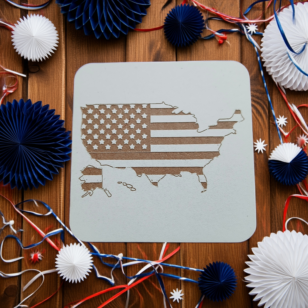 Set of 6 White, Topped Wood Drink coasters, Americana Theme Collection, with Anti-Skid Feet, 9.5cm x 9.5cm, Rounded Corners.