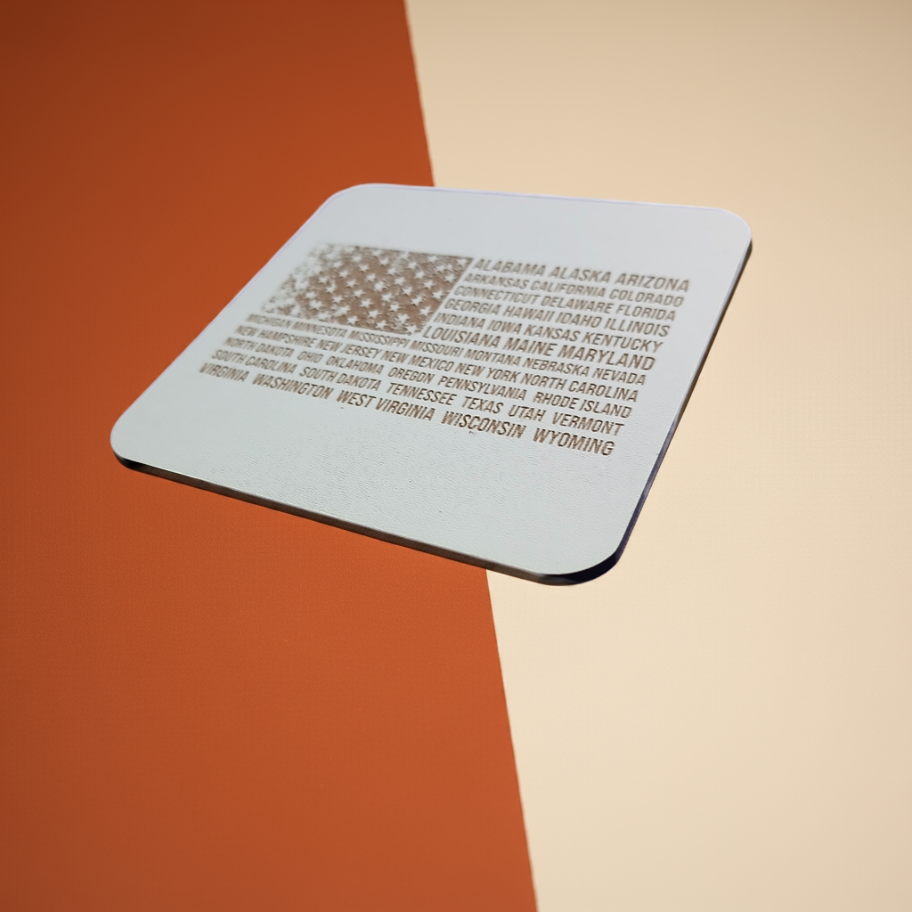 Set of 6 White, Topped Wood Drink coasters, Americana Theme Collection, with Anti-Skid Feet, 9.5cm x 9.5cm, Rounded Corners.
