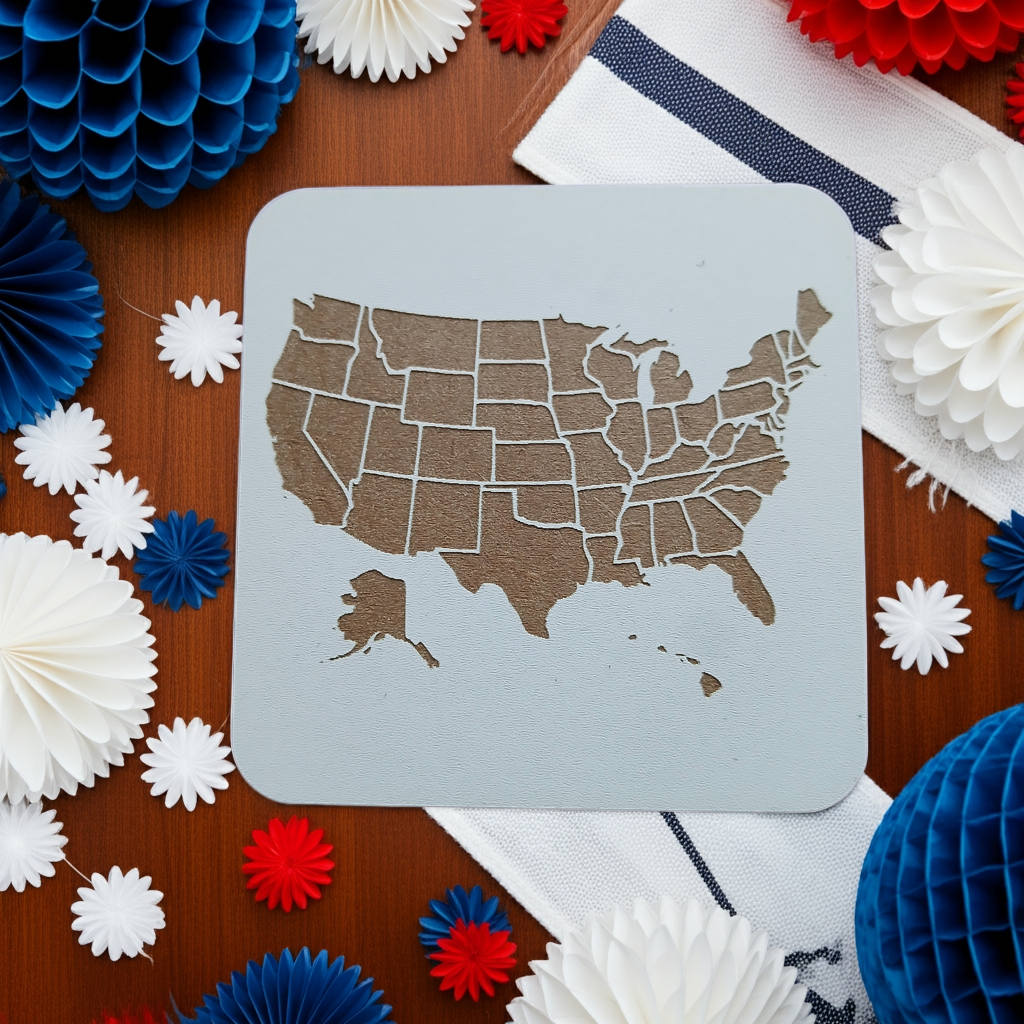 Set of 6 White, Topped Wood Drink coasters, Americana Theme Collection, with Anti-Skid Feet, 9.5cm x 9.5cm, Rounded Corners.