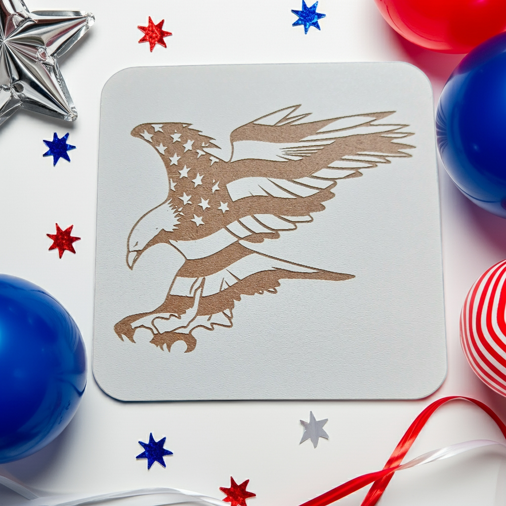 Set of 6 White, Topped Wood Drink coasters, Americana Theme Collection, with Anti-Skid Feet, 9.5cm x 9.5cm, Rounded Corners.