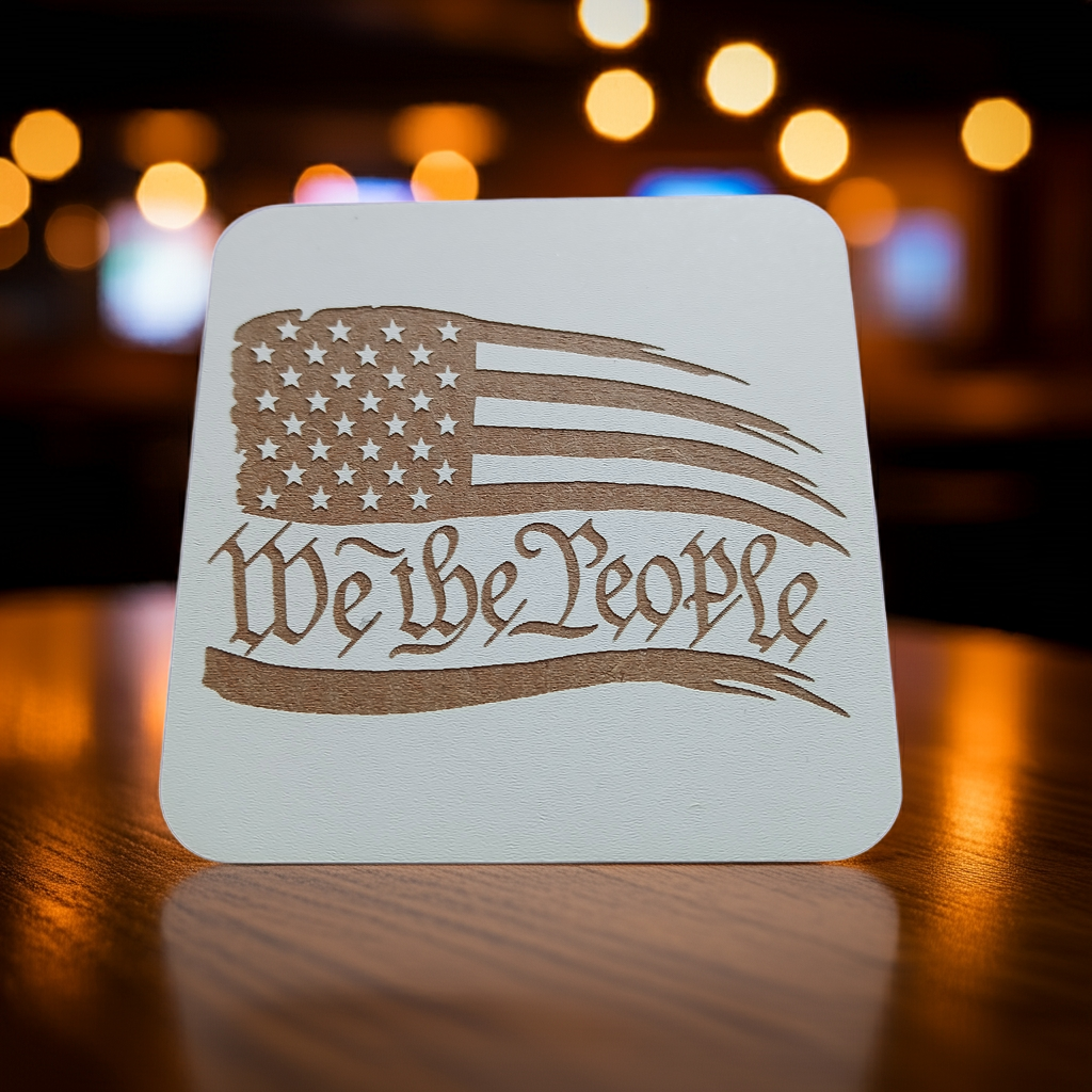 Set of 6 White, Topped Wood Drink coasters, Americana Theme Collection, with Anti-Skid Feet, 9.5cm x 9.5cm, Rounded Corners.