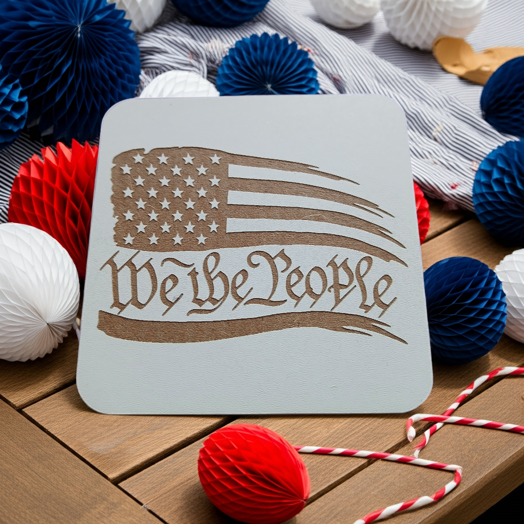 Set of 6 White, Topped Wood Drink coasters, Americana Theme Collection, with Anti-Skid Feet, 9.5cm x 9.5cm, Rounded Corners.