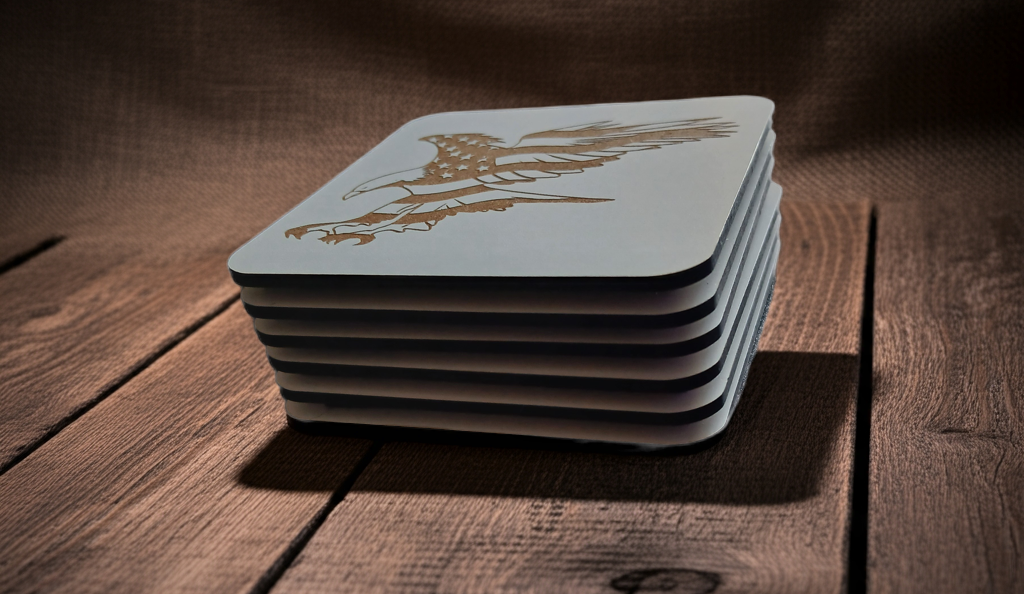 Set of 6 White, Topped Wood Drink coasters, Americana Theme Collection, with Anti-Skid Feet, 9.5cm x 9.5cm, Rounded Corners.