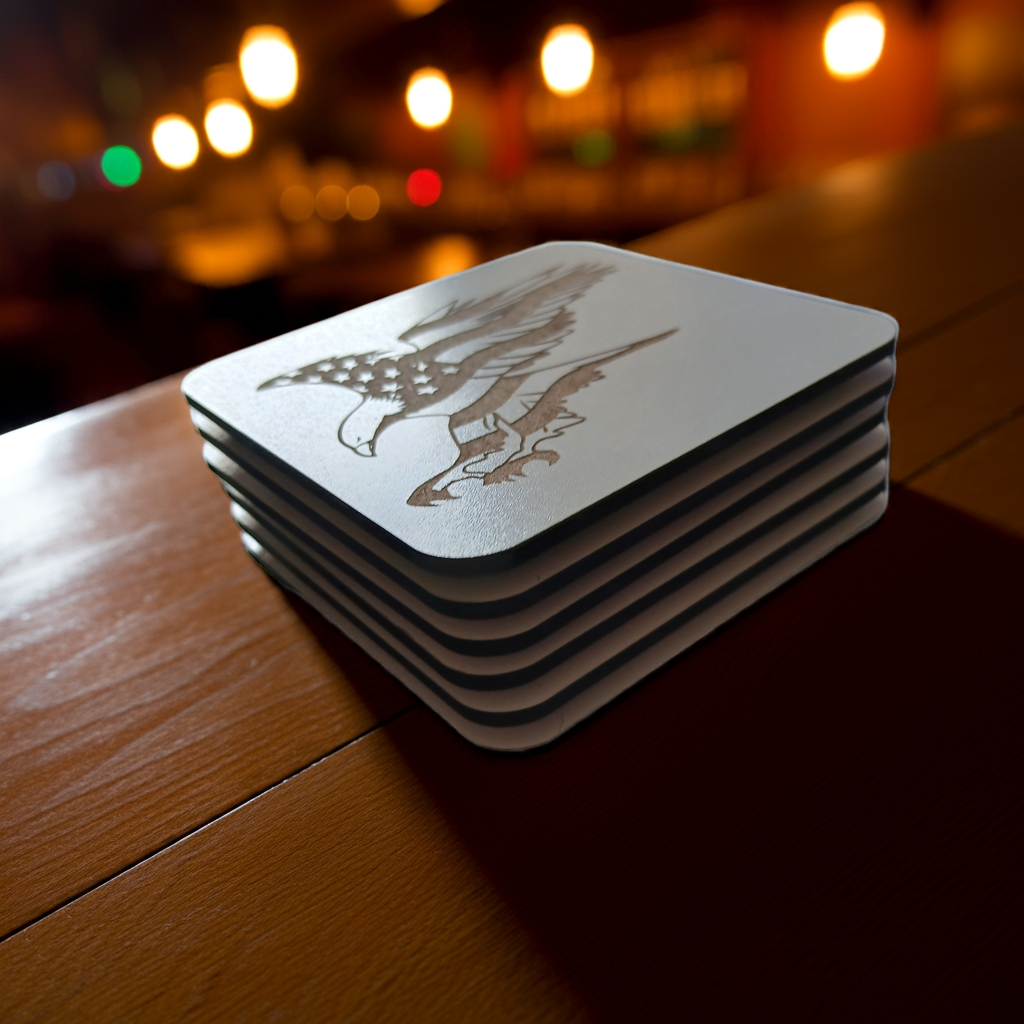 Set of 6 White, Topped Wood Drink coasters, Americana Theme Collection, with Anti-Skid Feet, 9.5cm x 9.5cm, Rounded Corners.