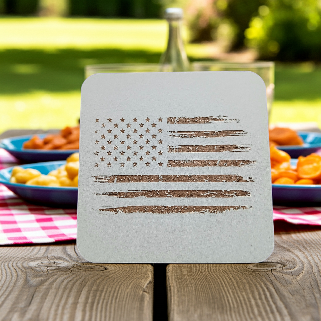 Set of 6 White, Topped Wood Drink coasters, Americana Theme Collection, with Anti-Skid Feet, 9.5cm x 9.5cm, Rounded Corners.