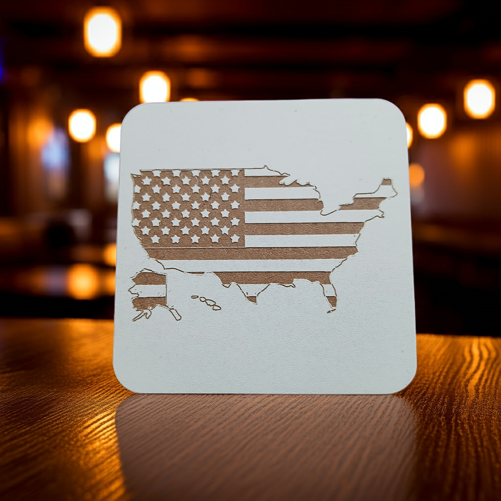 Set of 6 White, Topped Wood Drink coasters, Americana Theme Collection, with Anti-Skid Feet, 9.5cm x 9.5cm, Rounded Corners.
