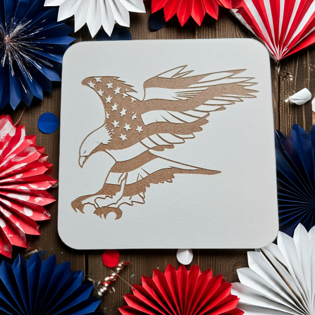 Set of 6 White, Topped Wood Drink coasters, Americana Theme Collection, with Anti-Skid Feet, 9.5cm x 9.5cm, Rounded Corners.