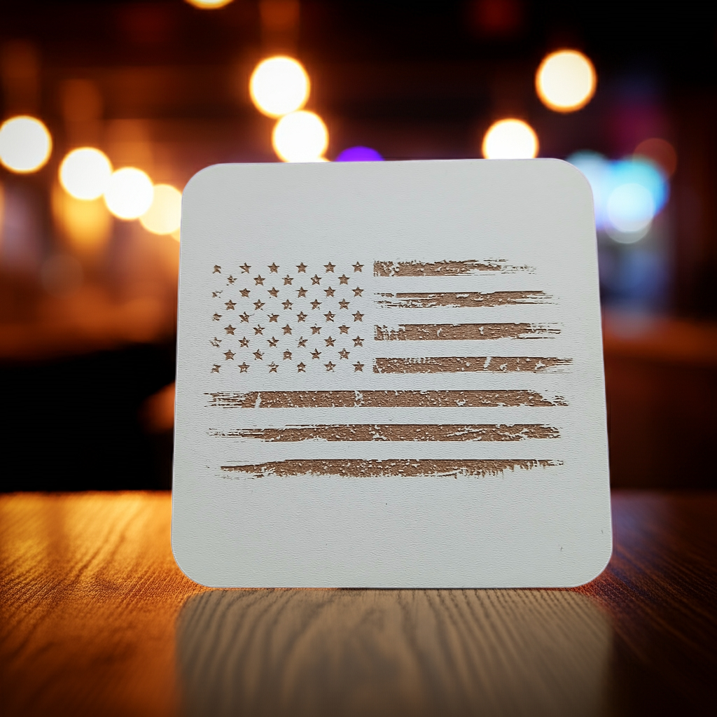 Set of 6 White, Topped Wood Drink coasters, Americana Theme Collection, with Anti-Skid Feet, 9.5cm x 9.5cm, Rounded Corners.