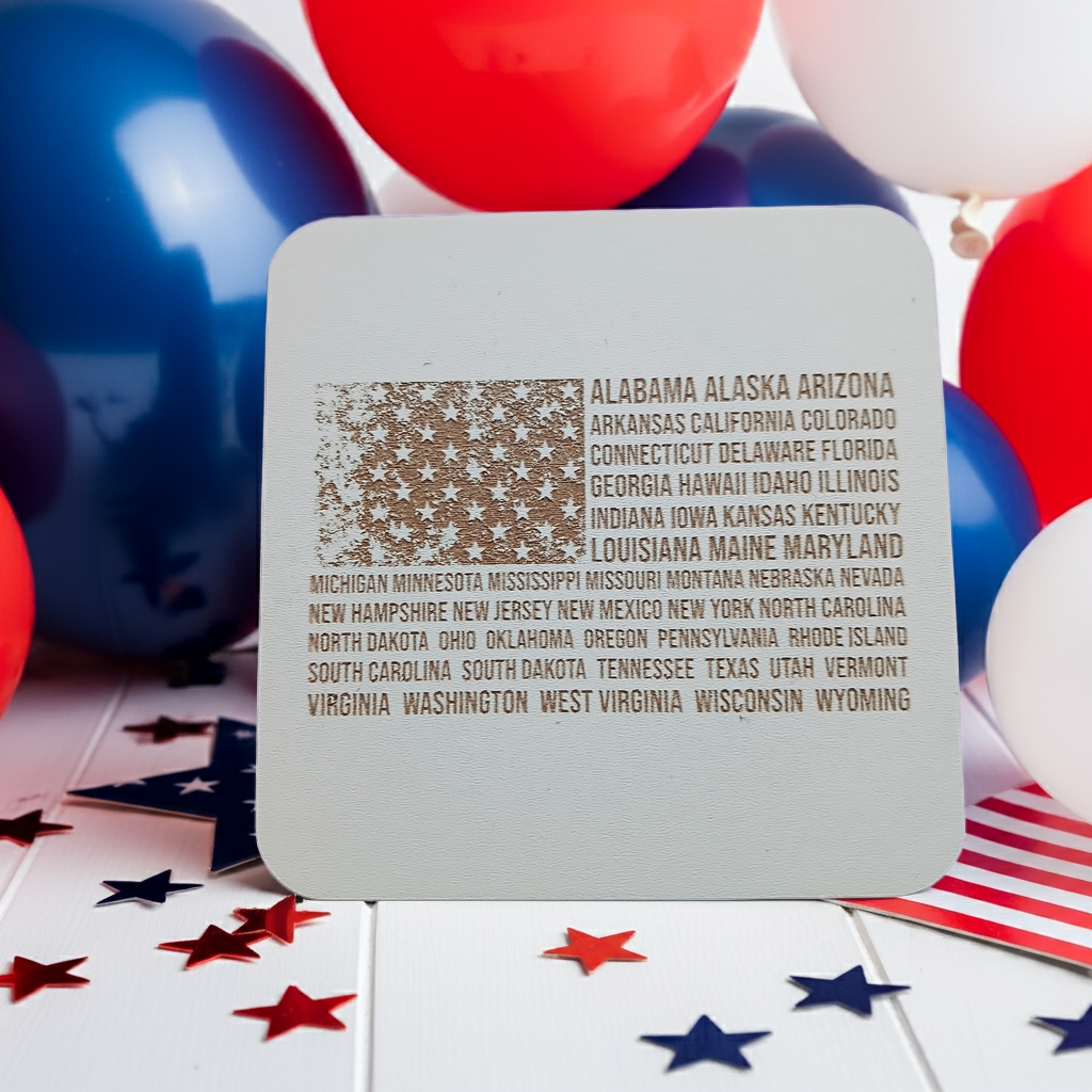 Set of 6 White, Topped Wood Drink coasters, Americana Theme Collection, with Anti-Skid Feet, 9.5cm x 9.5cm, Rounded Corners.