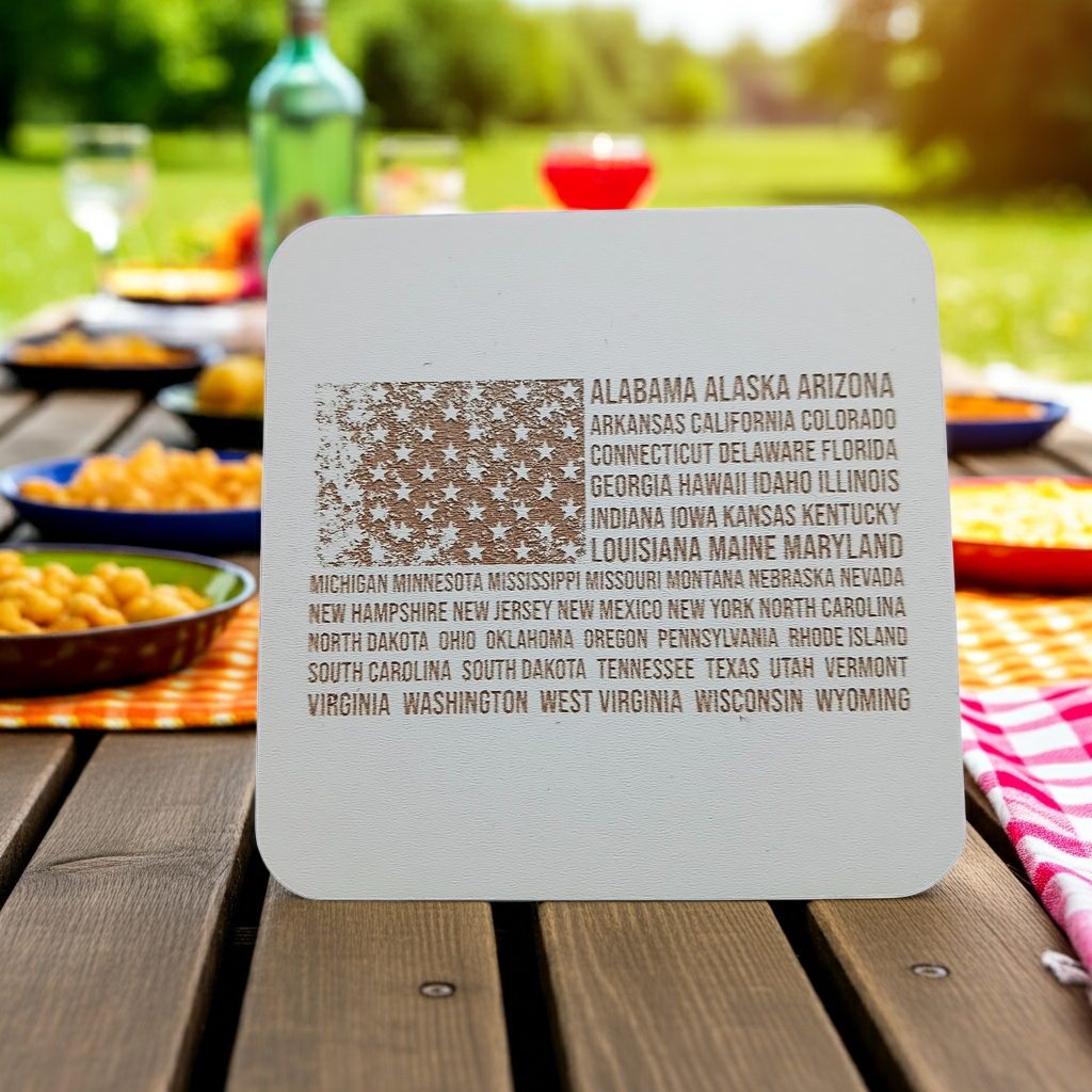 Set of 6 White, Topped Wood Drink coasters, Americana Theme Collection, with Anti-Skid Feet, 9.5cm x 9.5cm, Rounded Corners.