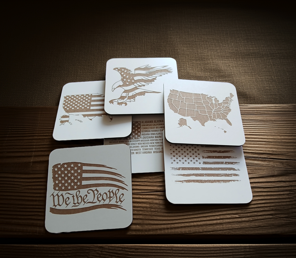 Set of 6 White, Topped Wood Drink coasters, Americana Theme Collection, with Anti-Skid Feet, 9.5cm x 9.5cm, Rounded Corners.