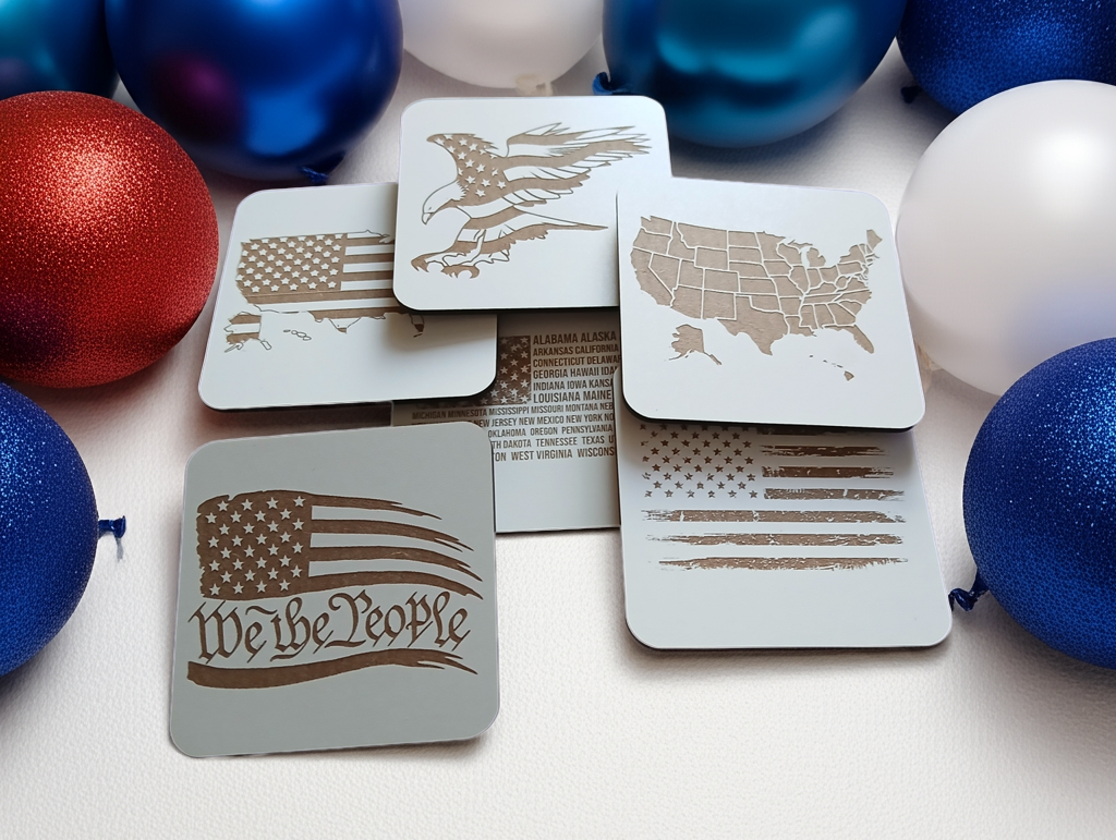 Set of 6 White, Topped Wood Drink coasters, Americana Theme Collection, with Anti-Skid Feet, 9.5cm x 9.5cm, Rounded Corners.