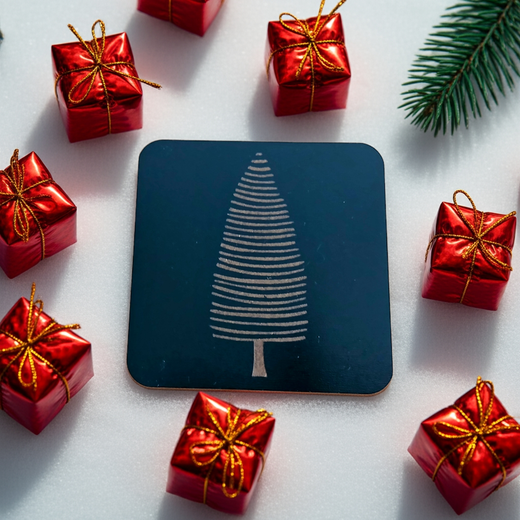 Set of 6, Black Wood Drink Coasters, Stylish Festive, Winter Tree Collection, with Bumper Feet.