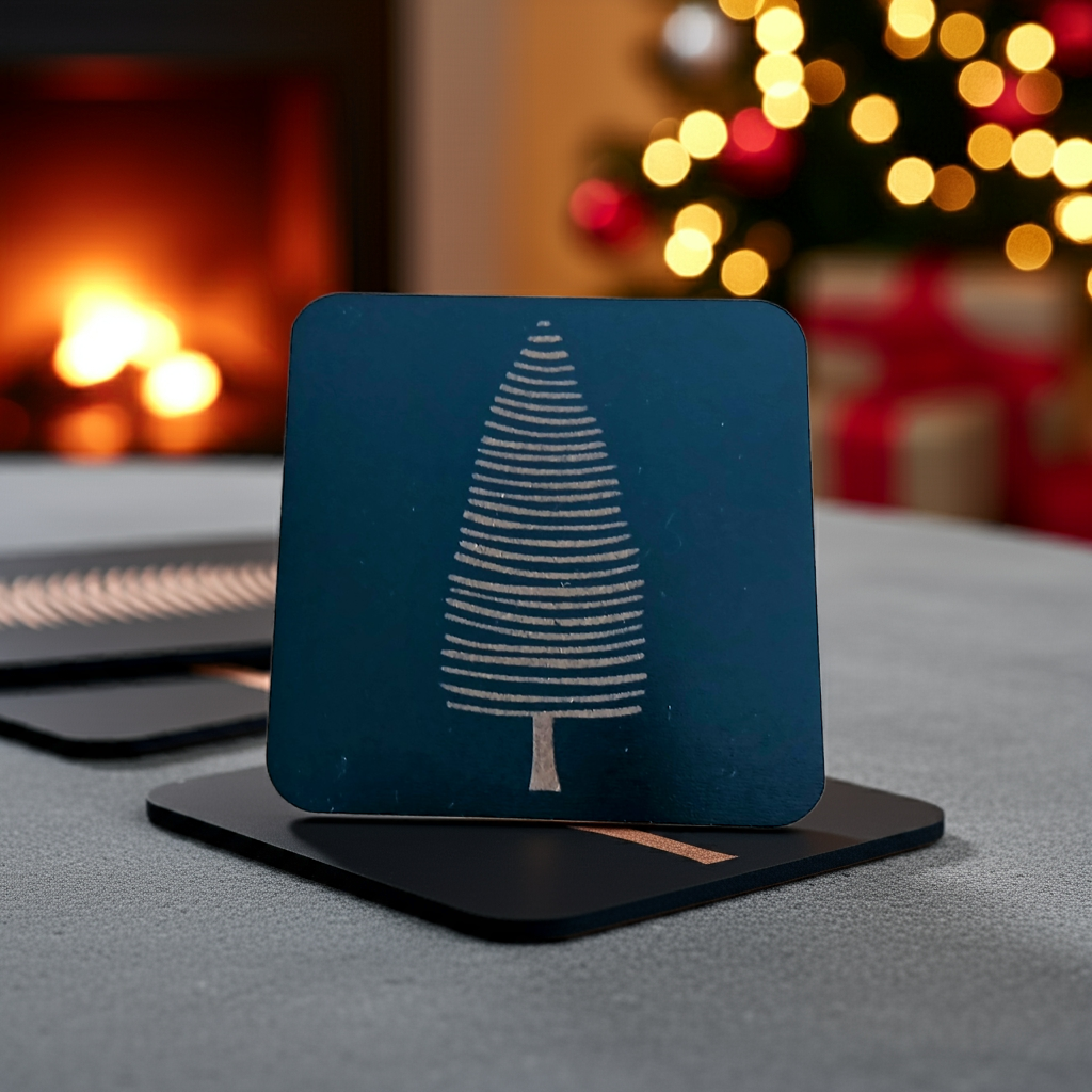 Set of 6, Black Wood Drink Coasters, Stylish Festive, Winter Tree Collection, with Bumper Feet.