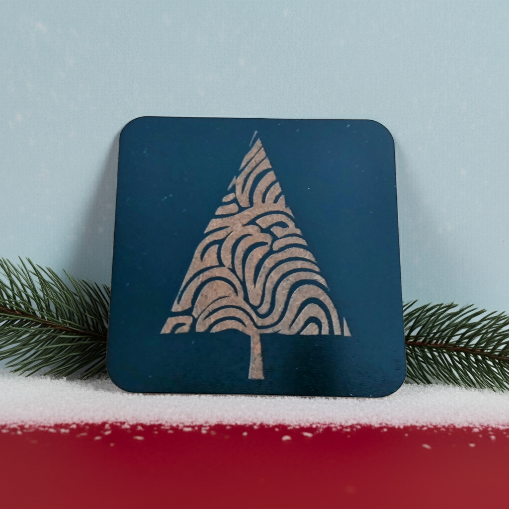 Set of 6, Black Wood Drink Coasters, Stylish Festive, Winter Tree Collection, with Bumper Feet.