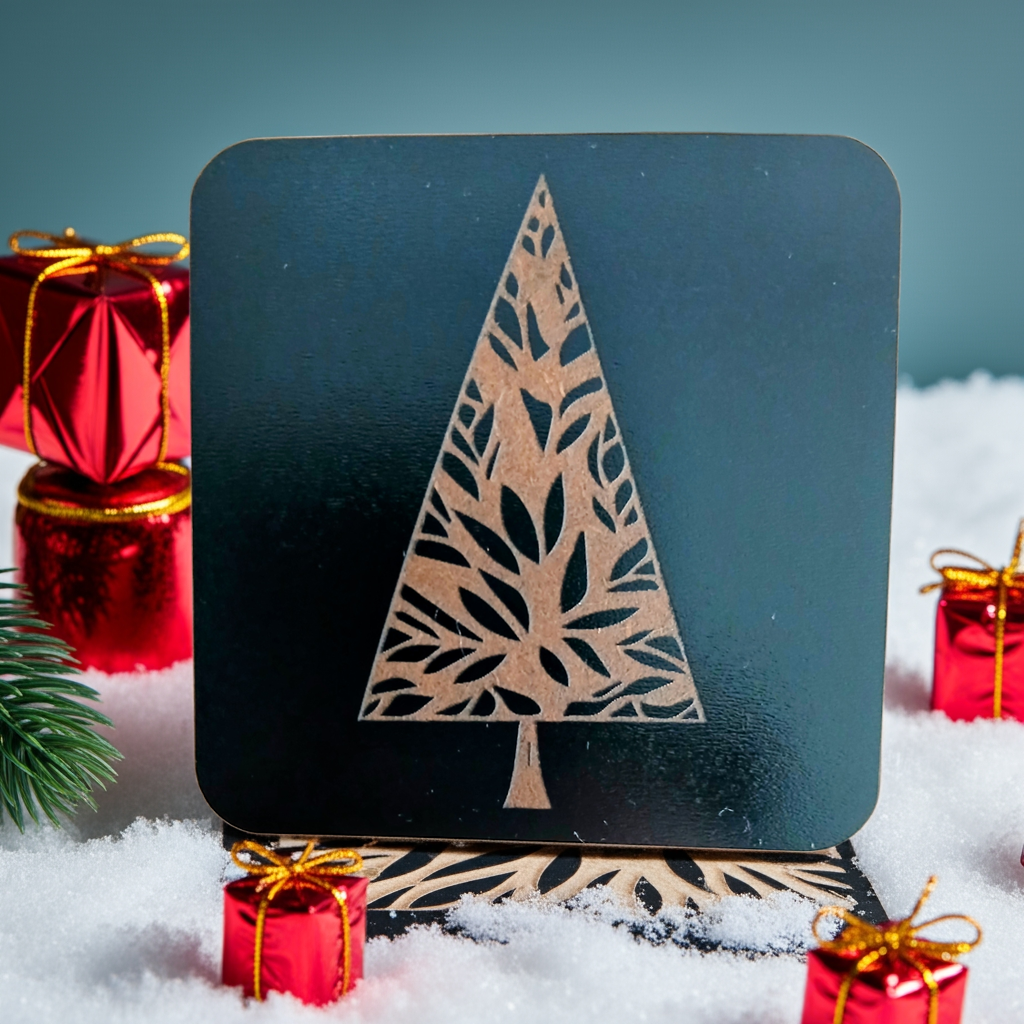Set of 6, Black Wood Drink Coasters, Stylish Festive, Winter Tree Collection, with Bumper Feet.