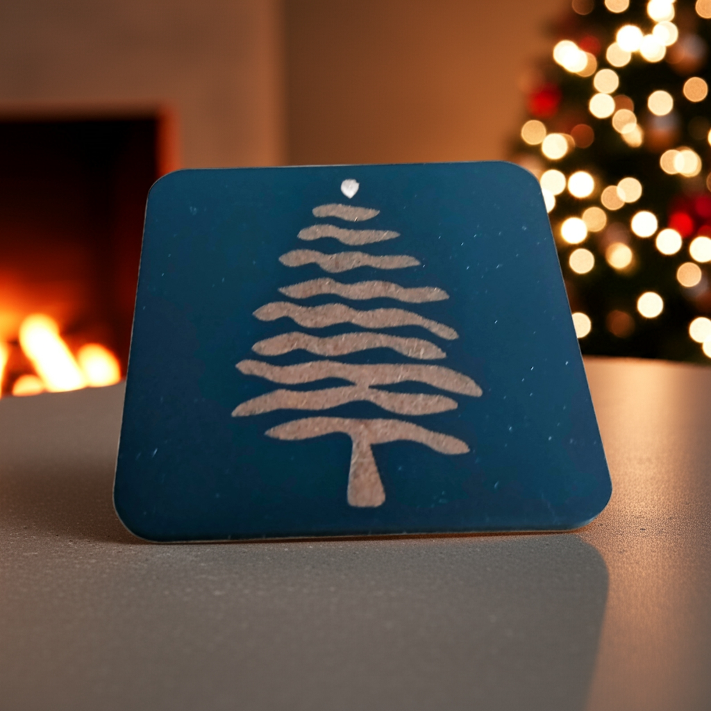 Set of 6, Black Wood Drink Coasters, Stylish Festive, Winter Tree Collection, with Bumper Feet.