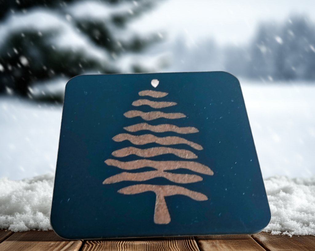 Set of 6, Black Wood Drink Coasters, Stylish Festive, Winter Tree Collection, with Bumper Feet.