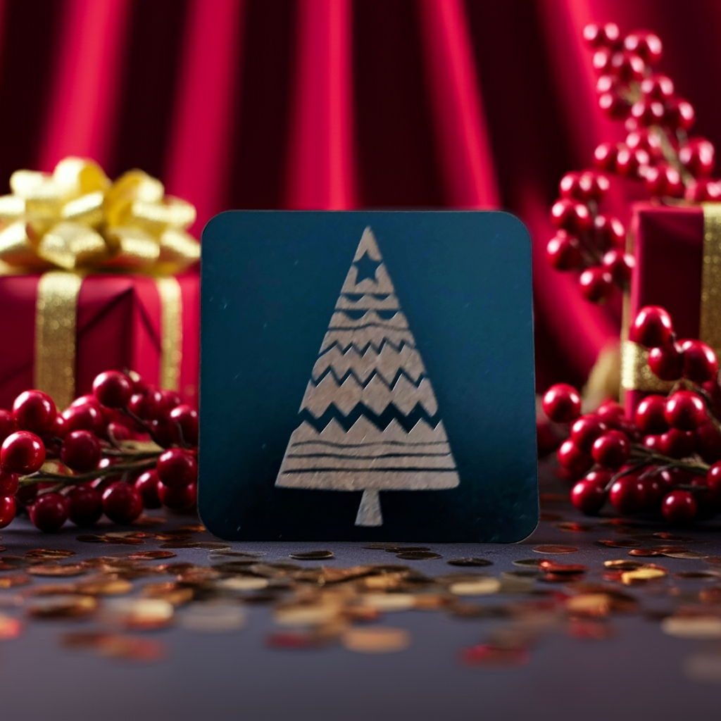 Set of 6, Black Wood Drink Coasters, Stylish Festive, Winter Tree Collection, with Bumper Feet.