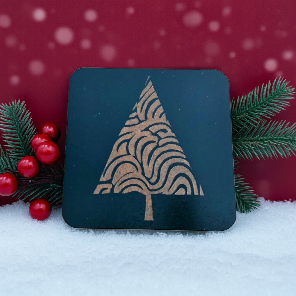 Set of 6, Black Wood Drink Coasters, Stylish Festive, Winter Tree Collection, with Bumper Feet.