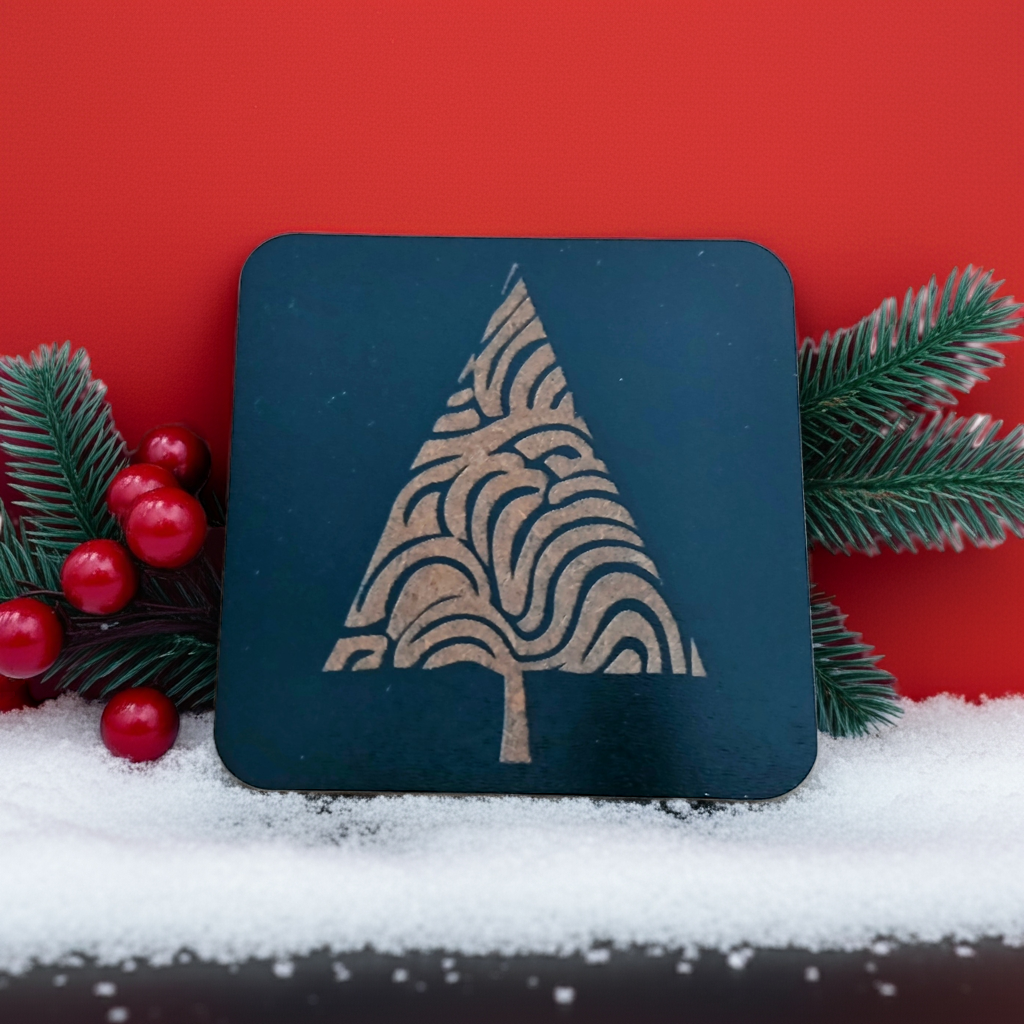 Set of 6, Black Wood Drink Coasters, Stylish Festive, Winter Tree Collection, with Bumper Feet.