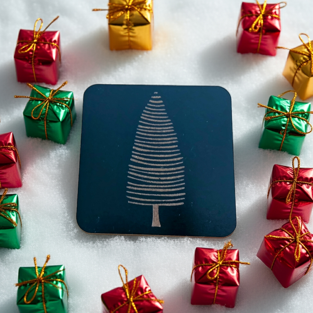 Set of 6, Black Wood Drink Coasters, Stylish Festive, Winter Tree Collection, with Bumper Feet.