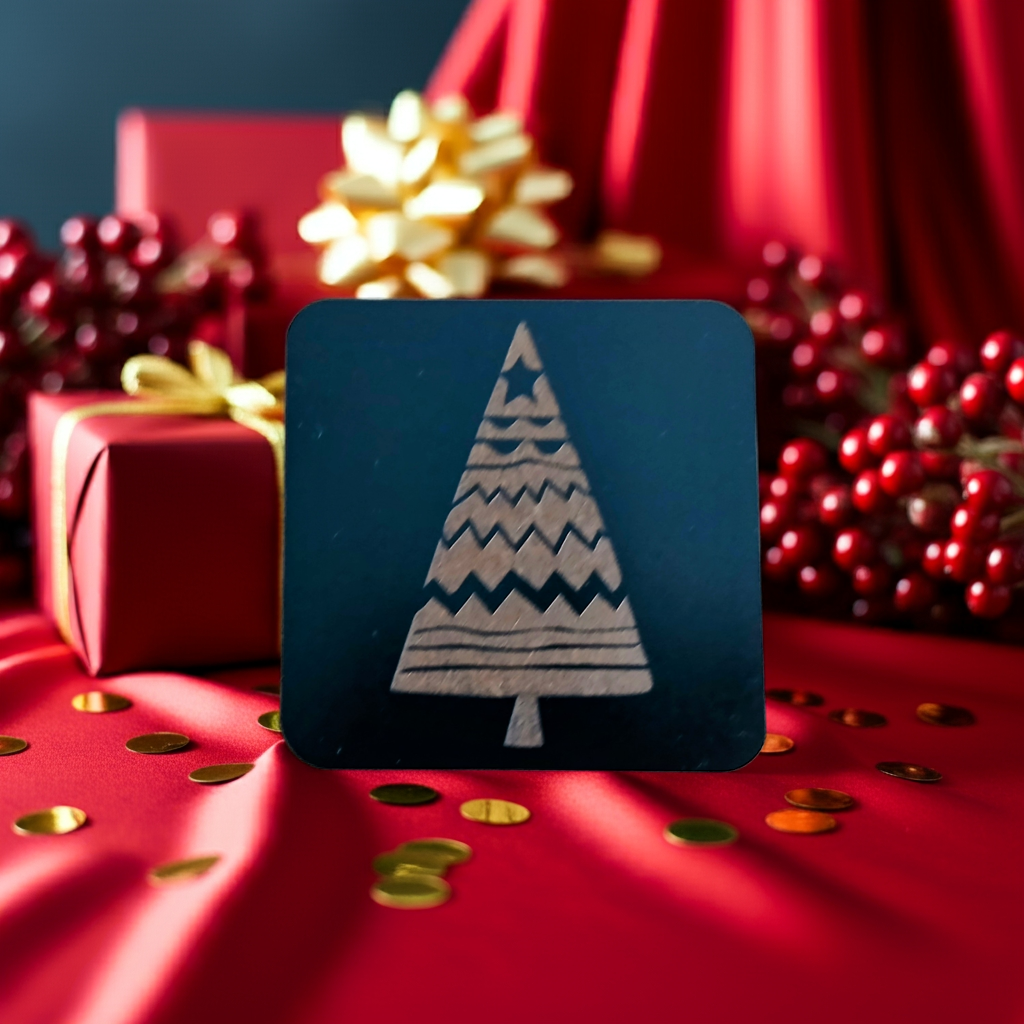 Set of 6, Black Wood Drink Coasters, Stylish Festive, Winter Tree Collection, with Bumper Feet.