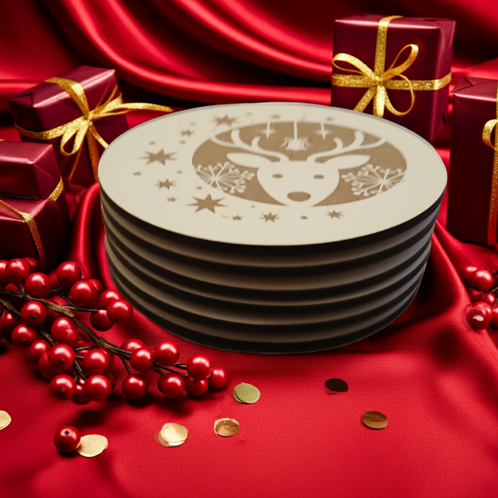 Set of 6, Round White Topped Wood Drink Coasters, Festive Scenes Collection, Bumper Feet.