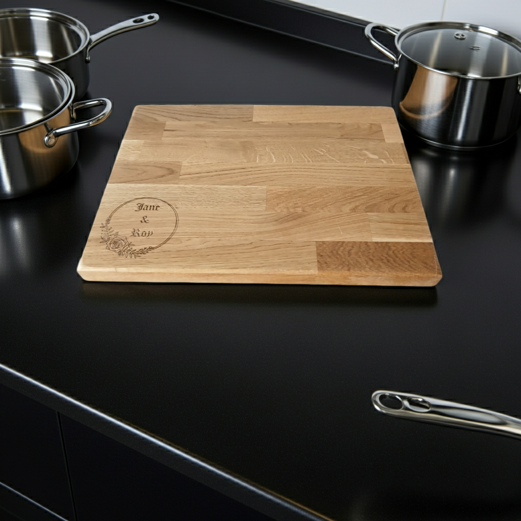 Solid Oak Chopping Board. Personalised or Non-Personalised. 400 mm x 300 mm x 27 mm, with anti-skid rubber feet.