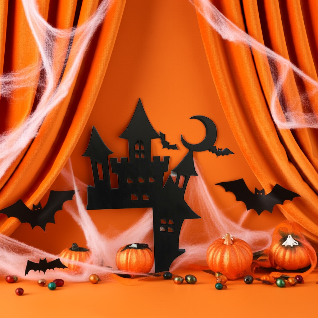 Spooky Castle Halloween Door / Shelf Corner. 220mm x 165mm x 3mm. Black Wood.
