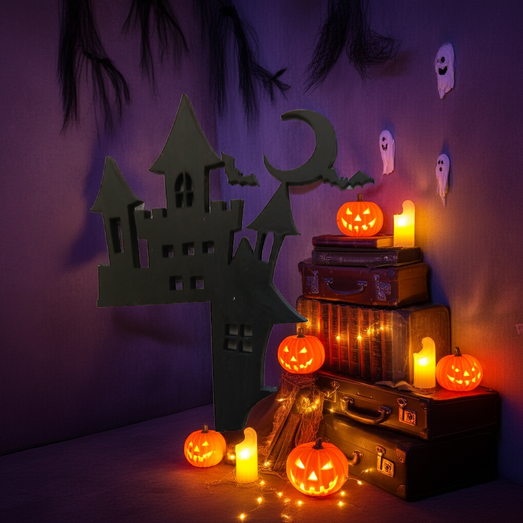 Spooky Castle Halloween Door / Shelf Corner. 220mm x 165mm x 3mm. Black Wood.