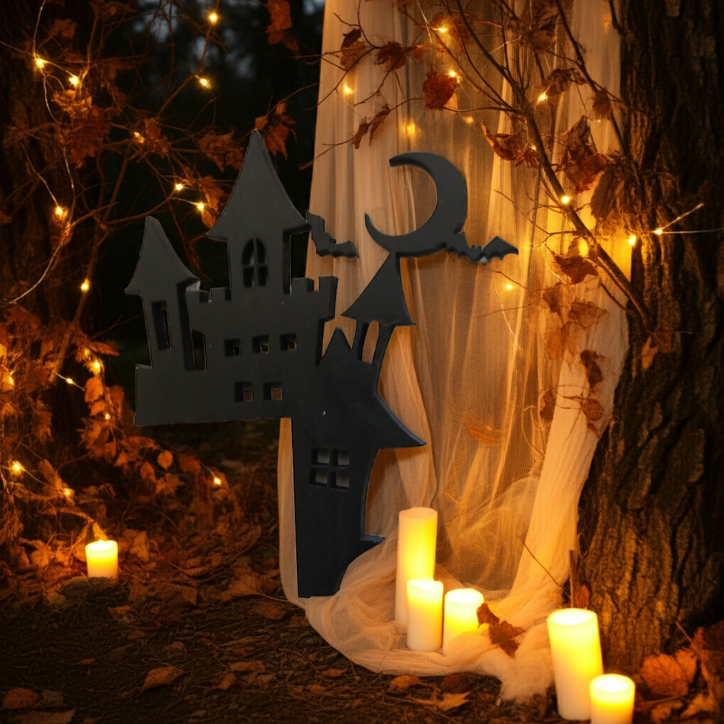 Spooky Castle Halloween Door / Shelf Corner. 220mm x 165mm x 3mm. Black Wood.