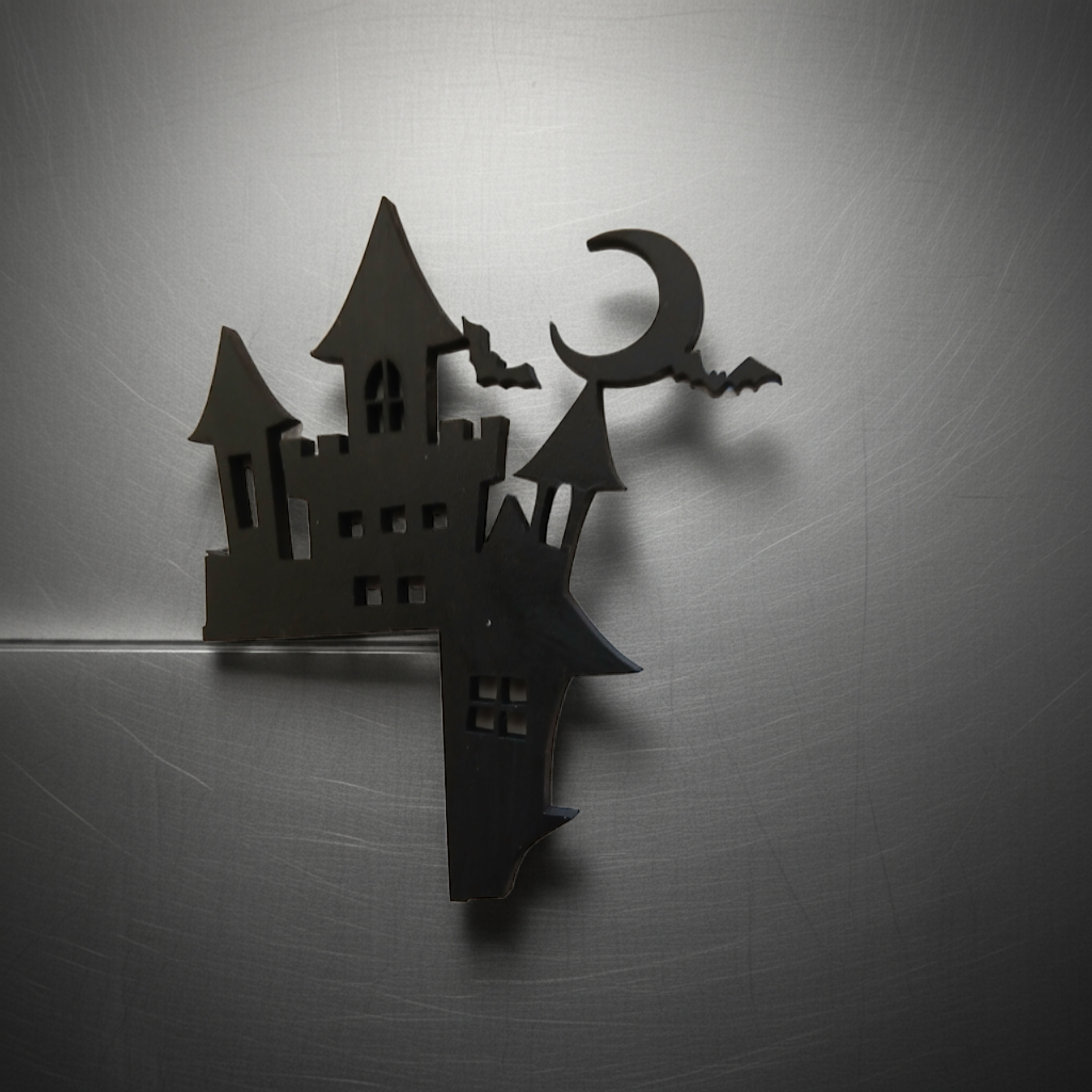 Spooky Castle Halloween Door / Shelf Corner. 220mm x 165mm x 3mm. Black Wood.
