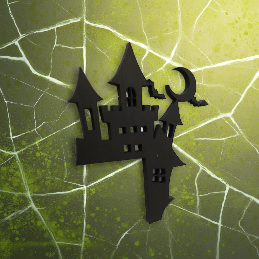 Spooky Castle Halloween Door / Shelf Corner. 220mm x 165mm x 3mm. Black Wood.