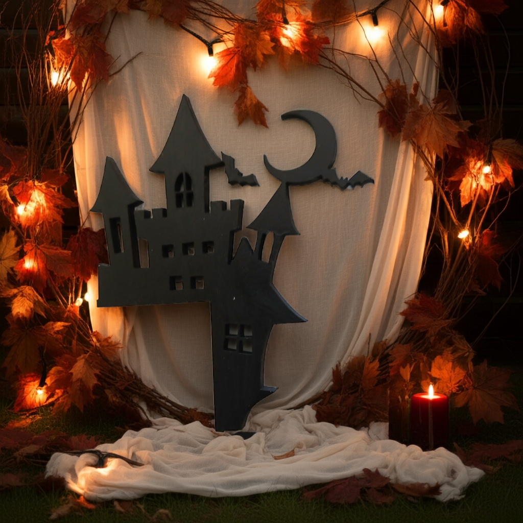 Spooky Castle Halloween Door / Shelf Corner. 220mm x 165mm x 3mm. Black Wood.