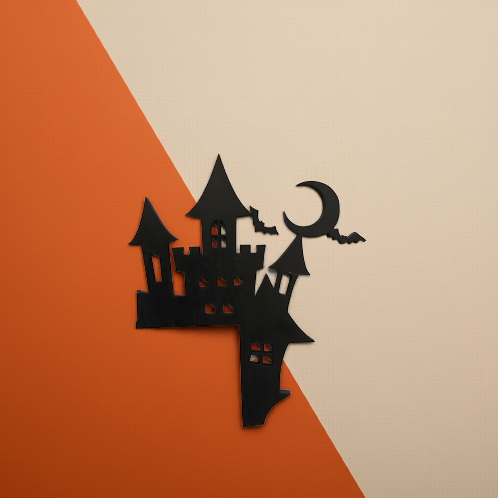 Spooky Castle Halloween Door / Shelf Corner. 220mm x 165mm x 3mm. Black Wood.