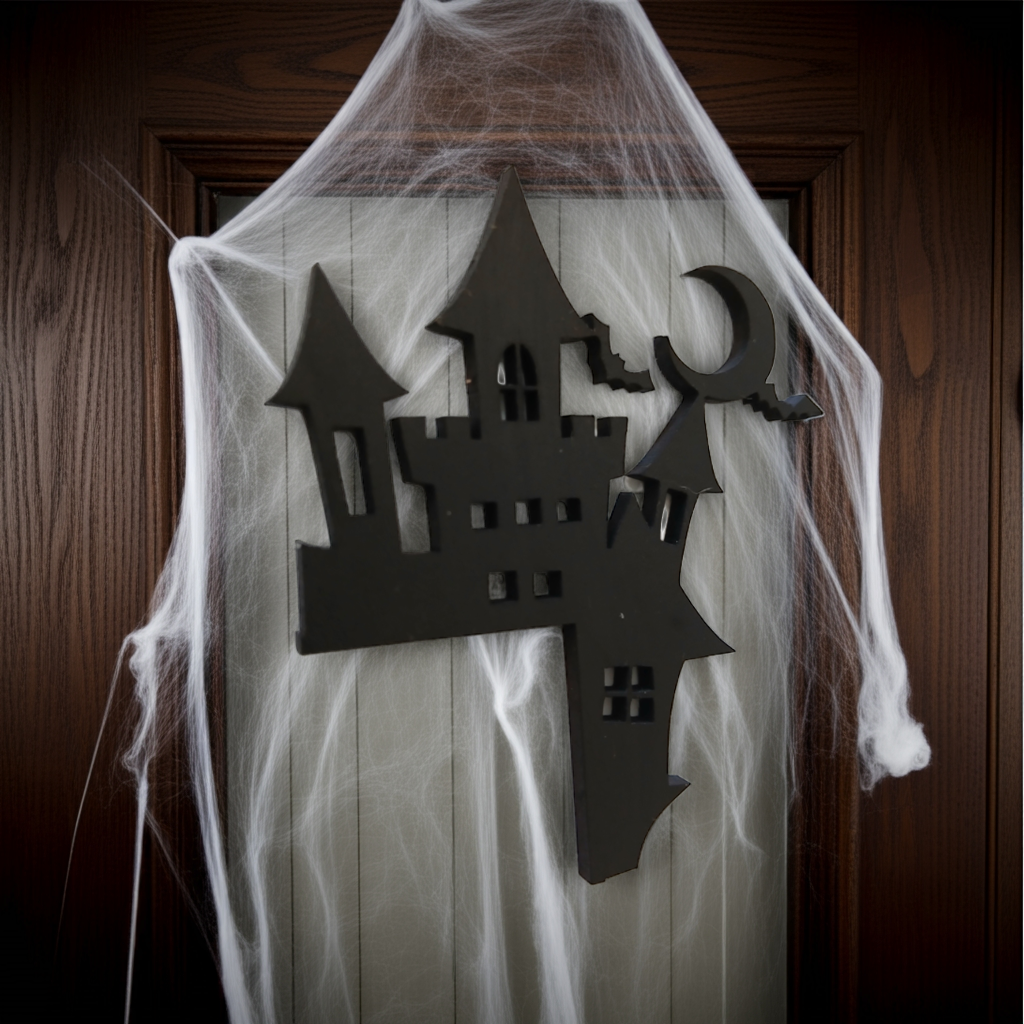 Spooky Castle Halloween Door / Shelf Corner. 220mm x 165mm x 3mm. Black Wood.