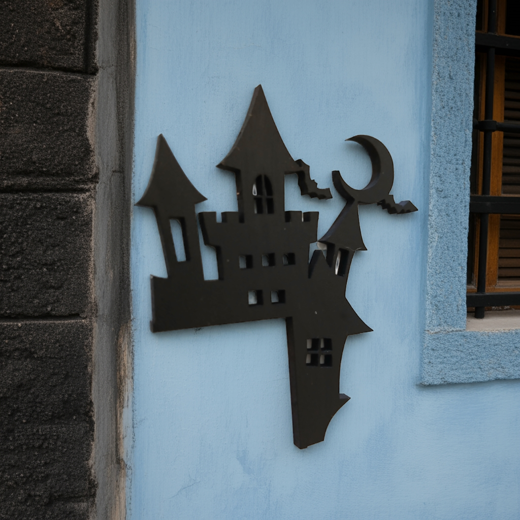 Spooky Castle Halloween Door / Shelf Corner. 220mm x 165mm x 3mm. Black Wood.