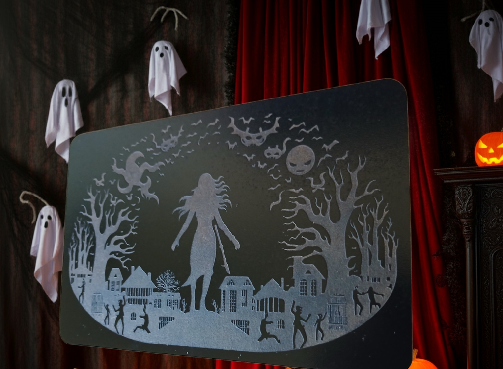 Spooky Halloween Plague, affix to wall with our Strong non-marking tape. 130mm x 210mm x 3mm.