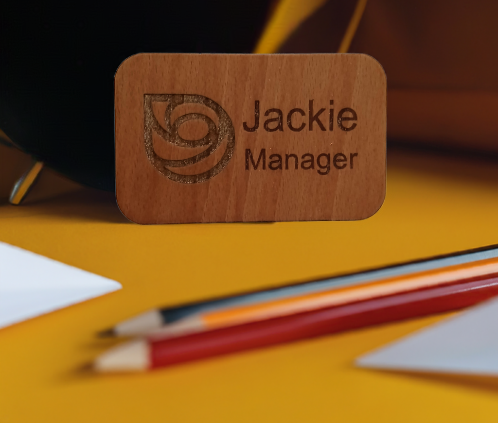 Staff ID Badges / Wooden Name Badges. 50mm long x 90mm width x 4mm deep. With Pin Fastener.